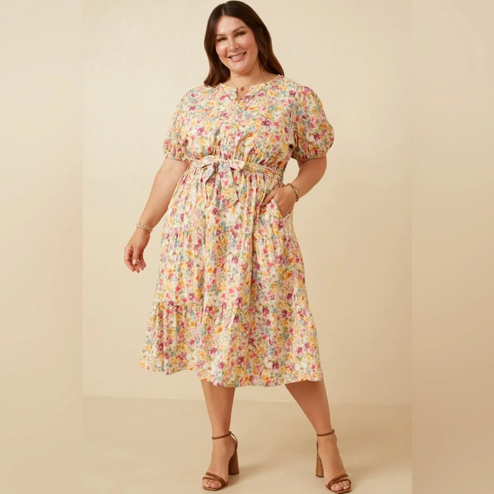 Hayden Los Angeles floral print belted tier poplin midi dress easter - Picture 3 of 11
